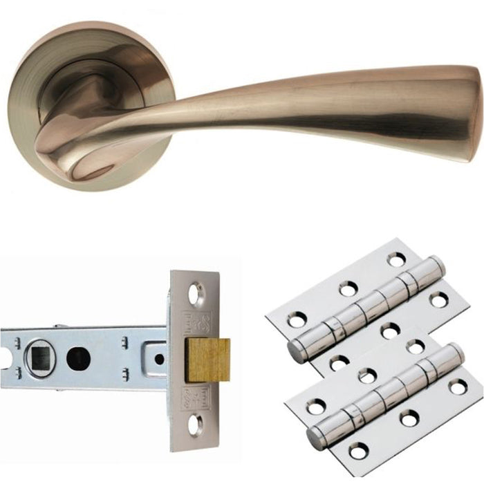 Door Handle & Latch Pack - Satin Nickel Curved Flaired Screwless Round Rose Kit