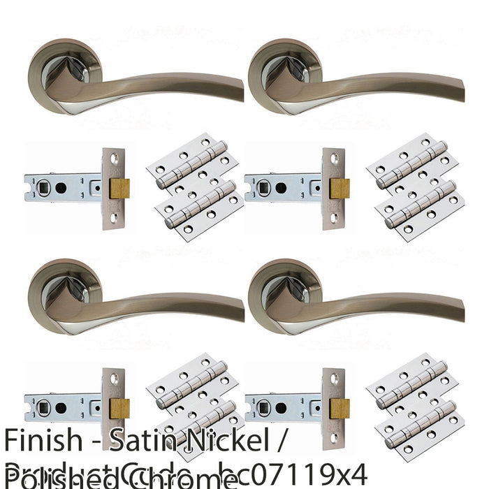 4 PACK Door Handle & Latch Pack Chrome Curved Square Lever Round Rose Kit 1