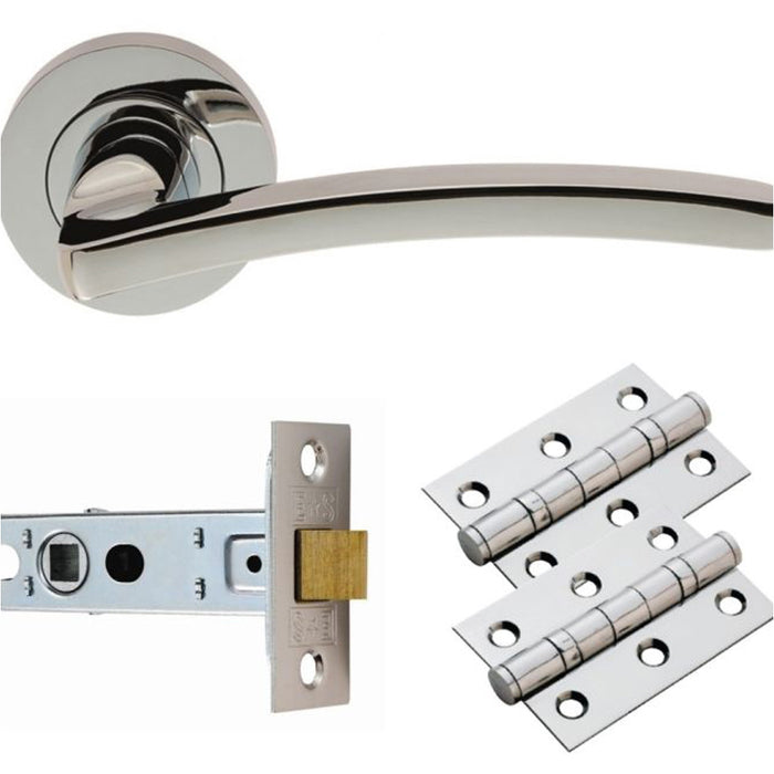 Door Handle & Latch Pack - Polished Chrome Slim Curved Screwless Round Rose Kit