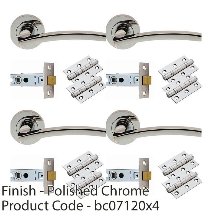 4 PACK Door Handle & Latch Pack Polished Chrome Slim Curved Round Rose Kit 1