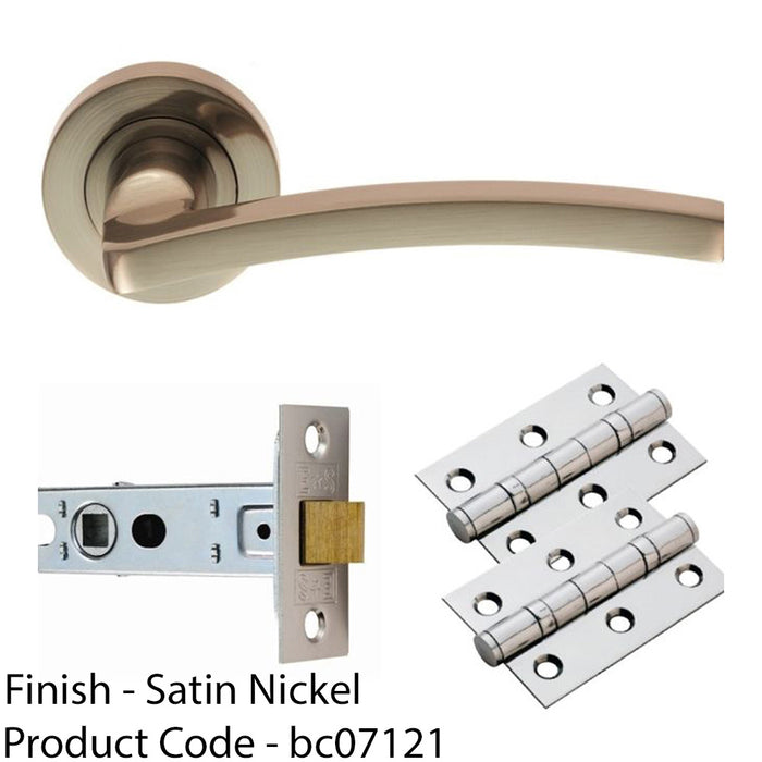 Door Handle & Latch Pack - Satin Nickel Slim Curved Screwless Round Rose Kit 1