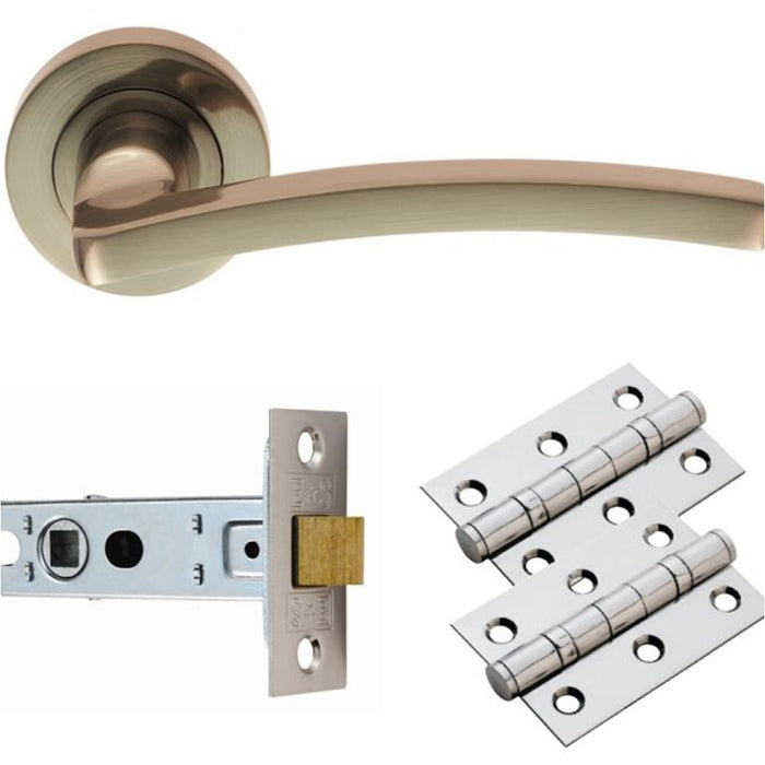 Door Handle & Latch Pack - Satin Nickel Slim Curved Screwless Round Rose Kit