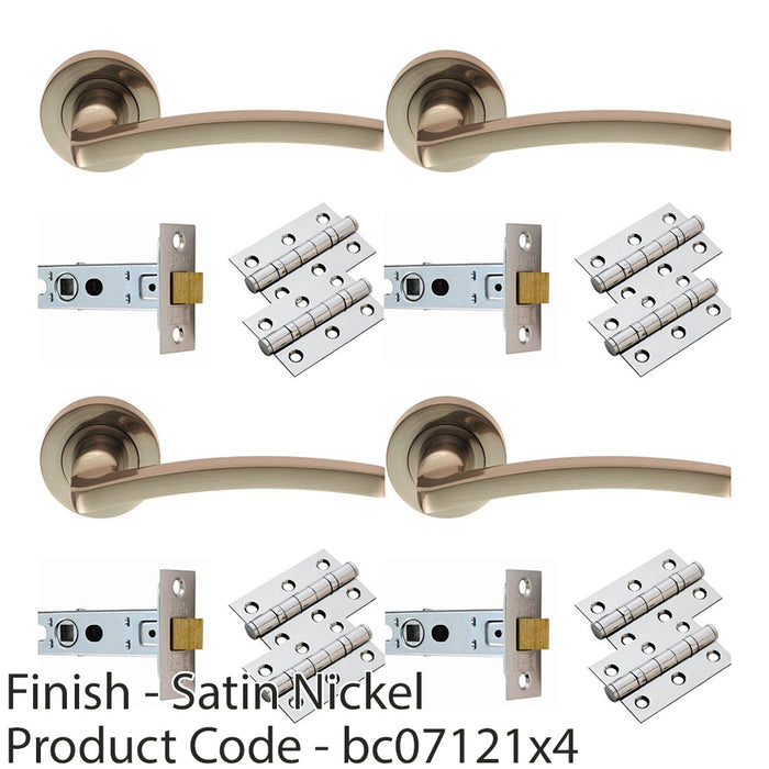 4x Door Handle & Latch Pack Satin Nickel Slim Curved Screwless Round Rose Kit 1