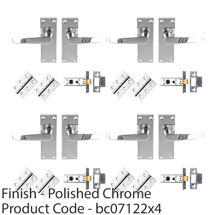 4 PACK Victorian Straight Door Handle & Latch Pack Polished Chrome On Plate Kit 1