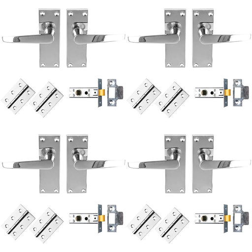 4 PACK Victorian Straight Door Handle & Latch Pack Polished Chrome On Plate Kit