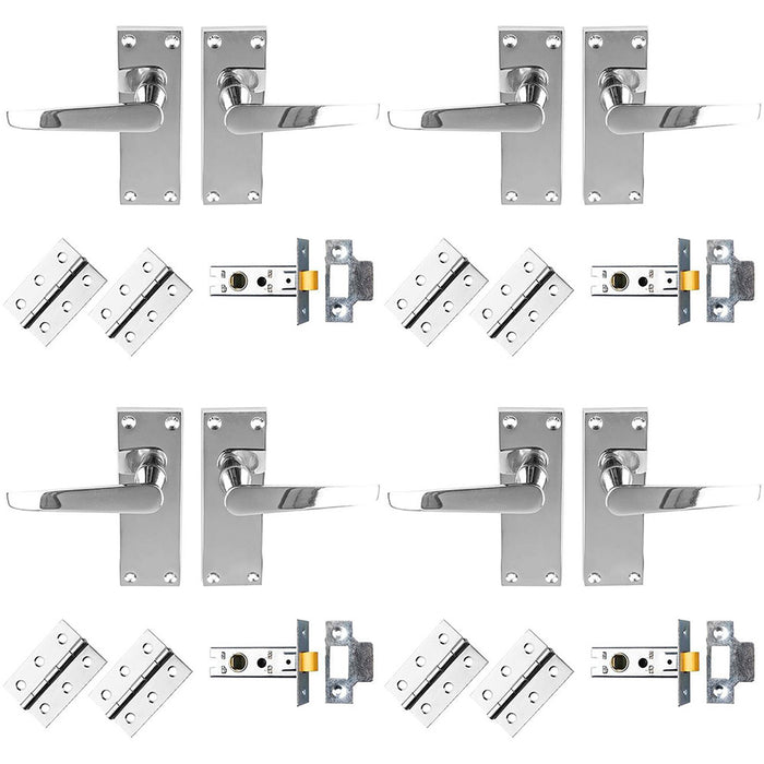 4 PACK Victorian Straight Door Handle & Latch Pack Polished Chrome On Plate Kit