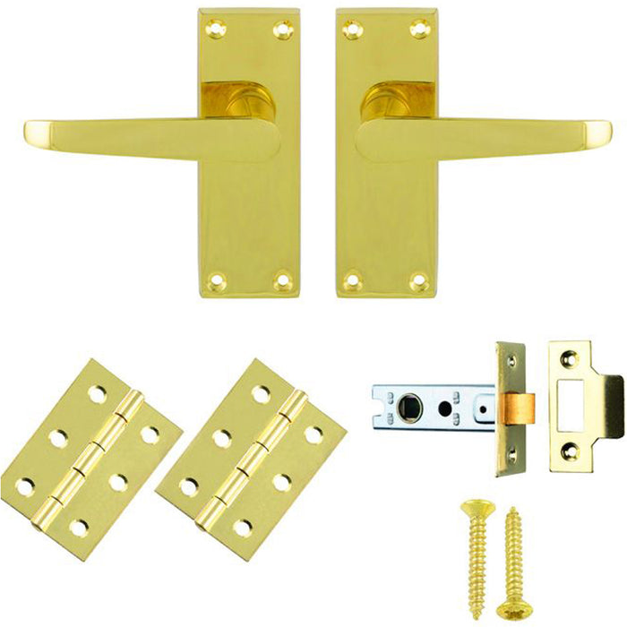 Victorian Straight Door Handle & Latch Pack - Electro Brassed Lever On Plate Kit