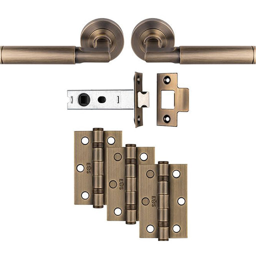 Premium Door Handle & Latch Pack - Antique Brass Straight Lever Round Rose