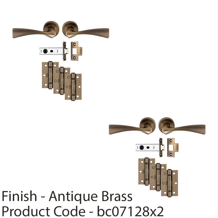 2 PACK Premium Door Handle & Latch Pack Antique Brass Curved Lever Round Rose 1