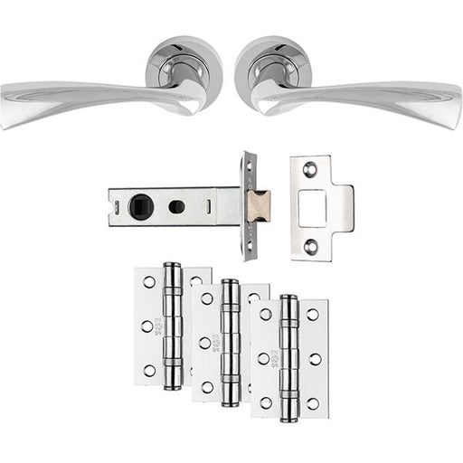 Premium Door Handle & Latch Pack - Polished Chrome Curved Flair Lever Round Rose