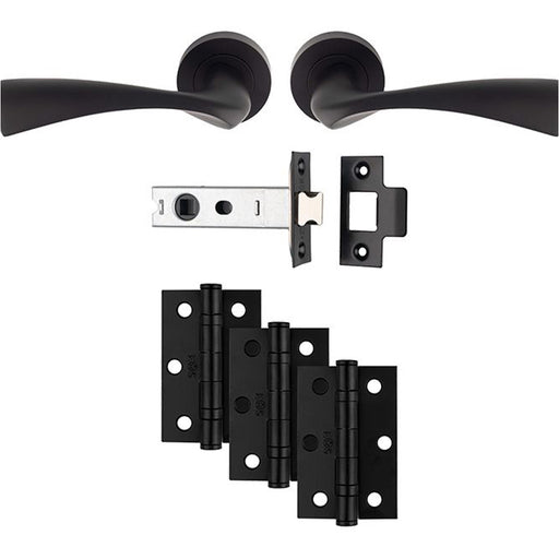 Premium Door Handle & Latch Pack - Matt Black Curved Flair Lever Round Rose