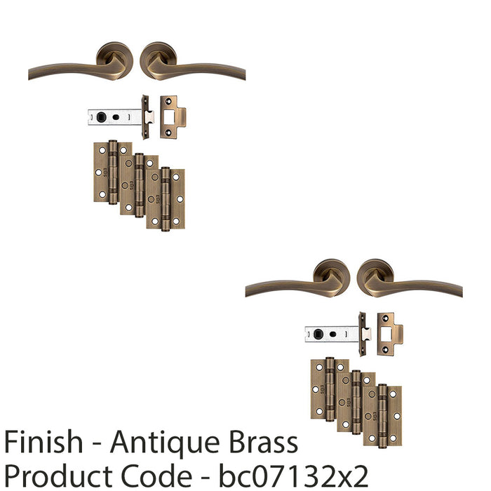 2 PACK Premium Door Handle & Latch Pack Antique Brass Curved Square Lever Rose 1