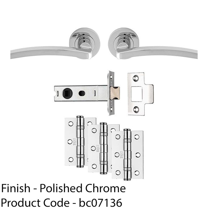 Premium Door Handle & Latch Pack - Polished Chrome Slim Curved Lever Round Rose 1