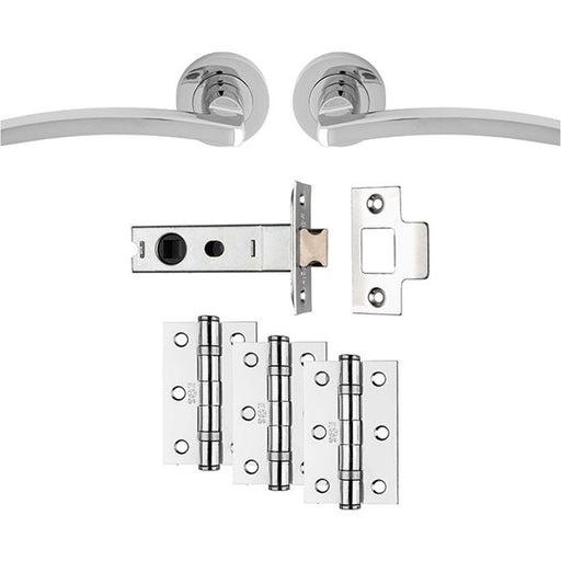 Premium Door Handle & Latch Pack - Polished Chrome Slim Curved Lever Round Rose