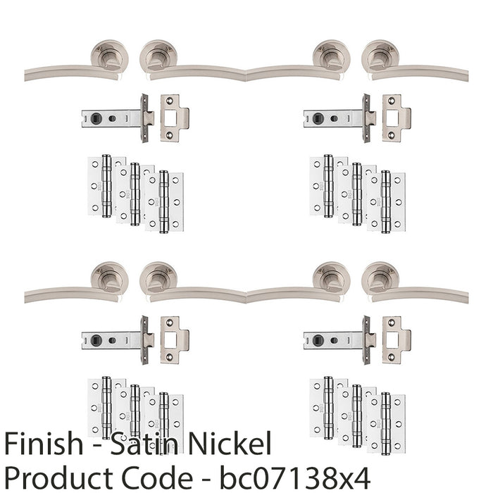 4x Premium Door Handle & Latch Pack Satin Nickel Slim Curved Lever Round Rose 1