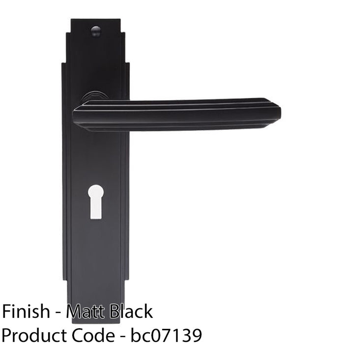 Art Deco Internal Latch Door Handle - Matt Black Lever On Backplate Reeded 1