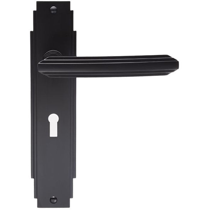 Art Deco Internal Latch Door Handle - Matt Black Lever On Backplate Reeded