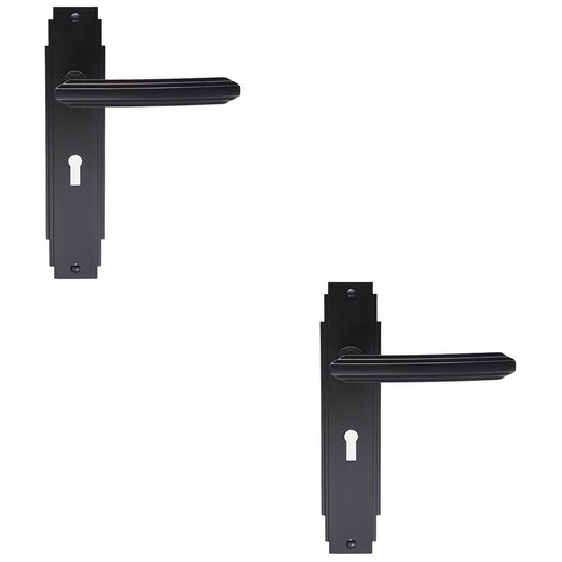 2 PACK Art Deco Internal Latch Door Handle Matt Black Lever On Backplate Reeded