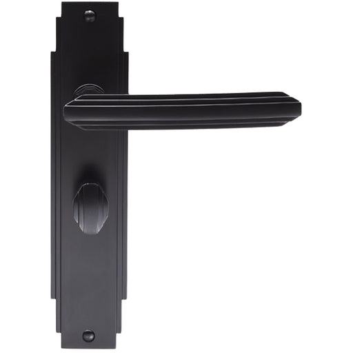 Art Deco Bathroom Latch Door Handle - Matt Black Lever On Backplate Reeded