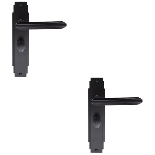 2 PACK Art Deco Bathroom Latch Door Handle Matt Black Lever On Backplate Reeded