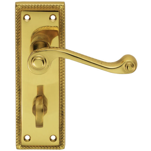 Georgian Scroll Bathroom Latch Door Handle - Polished Brass Lever On Backplate