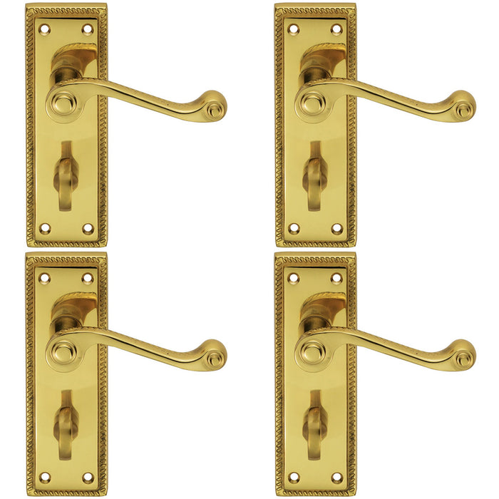 4 PACK Georgian Scroll Bathroom Latch Door Handle Polished Brass Lever Backplate