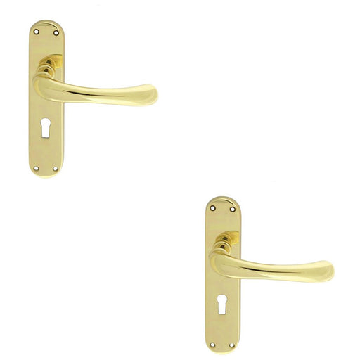 2 PACK Smooth Rounded Latch & Lock Door Handle Polished Brass Lever On Backplate