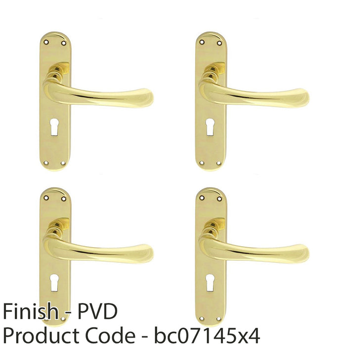 4 PACK Smooth Rounded Latch & Lock Door Handle Polished Brass Lever On Backplate 1