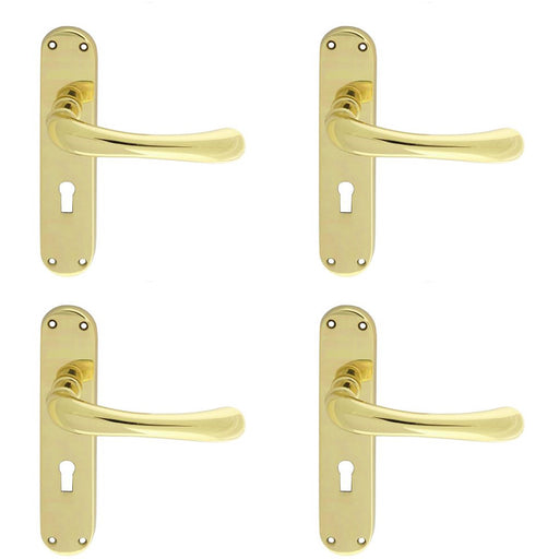 4 PACK Smooth Rounded Latch & Lock Door Handle Polished Brass Lever On Backplate