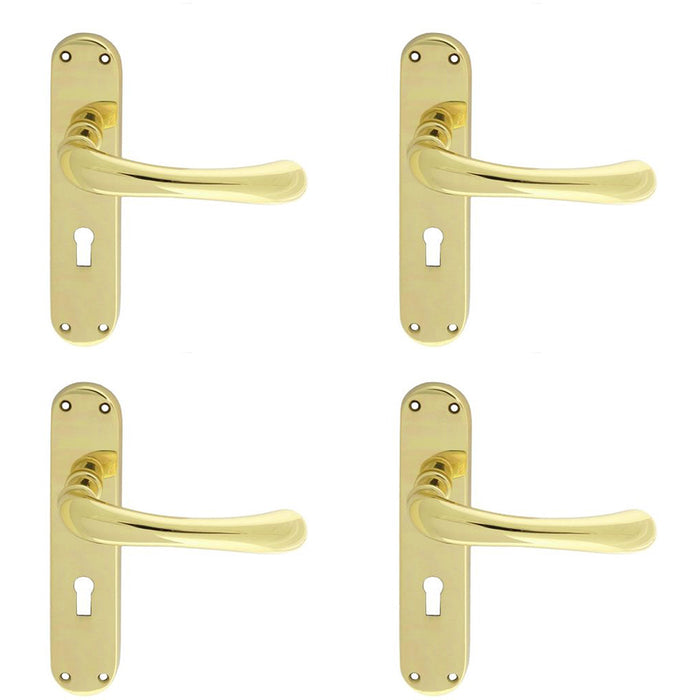 4 PACK Smooth Rounded Latch & Lock Door Handle Polished Brass Lever On Backplate