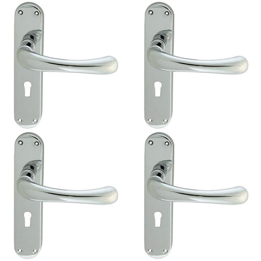 4 PACK Smooth Rounded Latch & Lock Door Handle Polished Chrome Lever Backplate