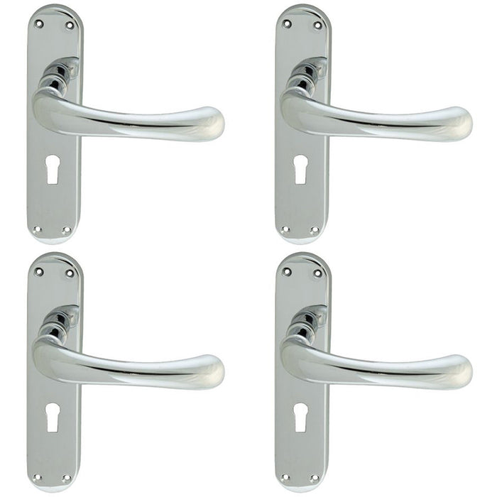 4 PACK Smooth Rounded Latch & Lock Door Handle Polished Chrome Lever Backplate