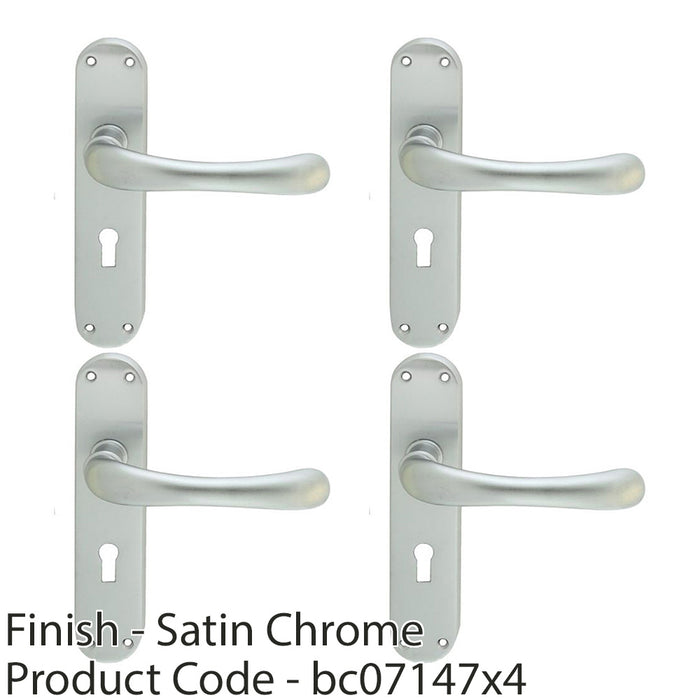 4 PACK Smooth Rounded Latch & Lock Door Handle Satin Chrome Lever On Backplate 1