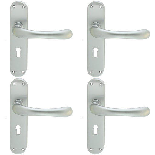 4 PACK Smooth Rounded Latch & Lock Door Handle Satin Chrome Lever On Backplate