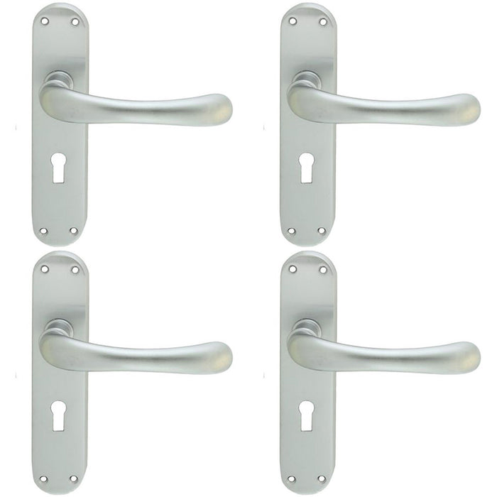 4 PACK Smooth Rounded Latch & Lock Door Handle Satin Chrome Lever On Backplate