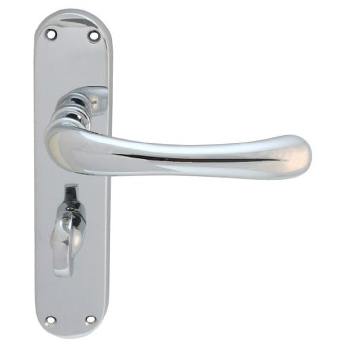 Smooth Rounded Bathroom Latch Door Handle - Polished Chrome Lever On Backplate