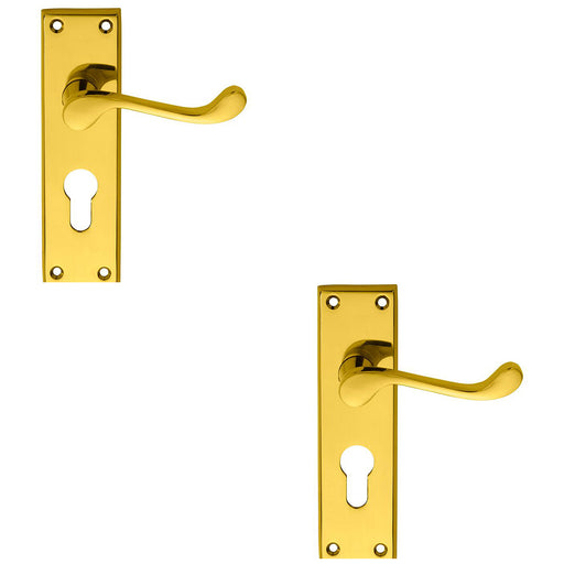 2 PACK Victorian Scroll Latch & EURO Lock Door Handle Polished Brass Lever Plate