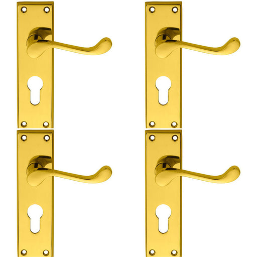 4 PACK Victorian Scroll Latch & EURO Lock Door Handle Polished Brass Backplate