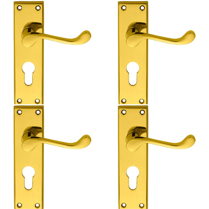 4 PACK Victorian Scroll Latch & EURO Lock Door Handle Polished Brass Backplate