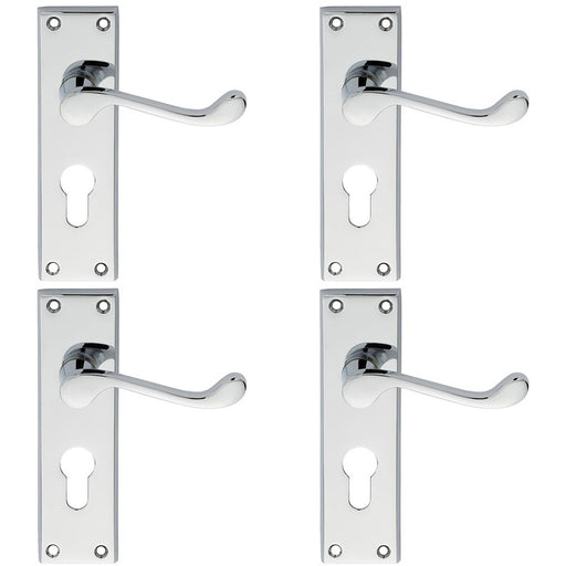 4 PACK Victorian Scroll Latch & EURO Lock Door Handle Polished Chrome Backplate