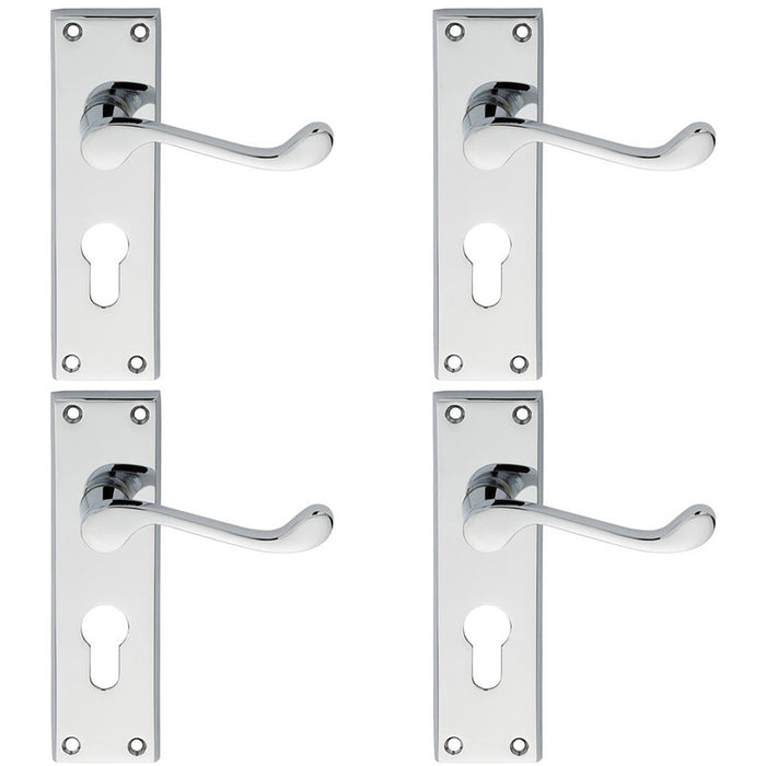 4 PACK Victorian Scroll Latch & EURO Lock Door Handle Polished Chrome Backplate