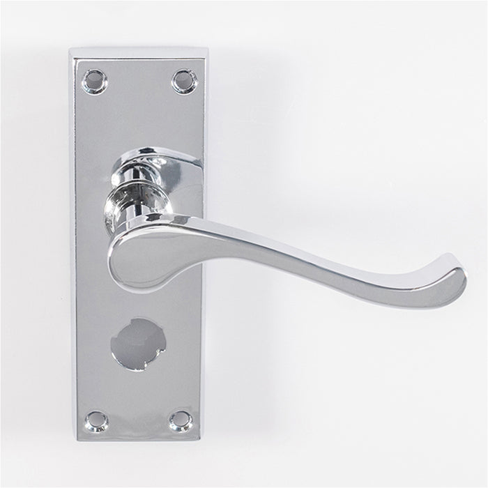 Victorian Scroll Bathroom Latch Door Handle - Polished Chrome Lever On Backplate