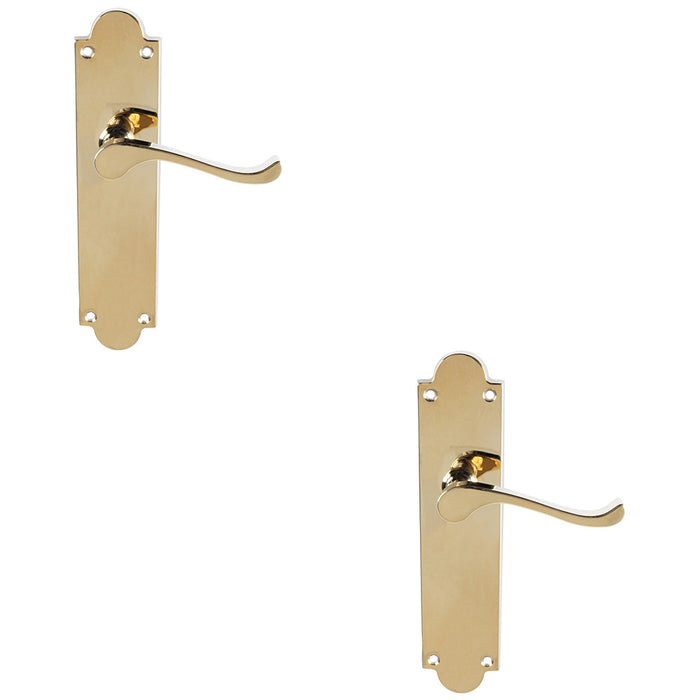 2 PACK Victorian Internal Latch Door Handle Polished Brass On Shaped Backplate