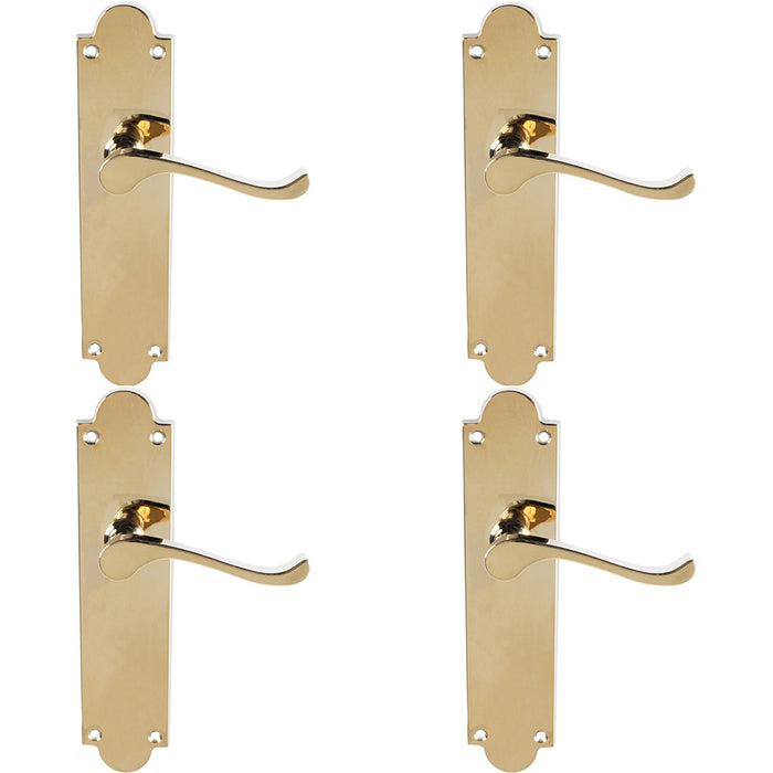 4 PACK Victorian Internal Latch Door Handle Polished Brass On Shaped Backplate