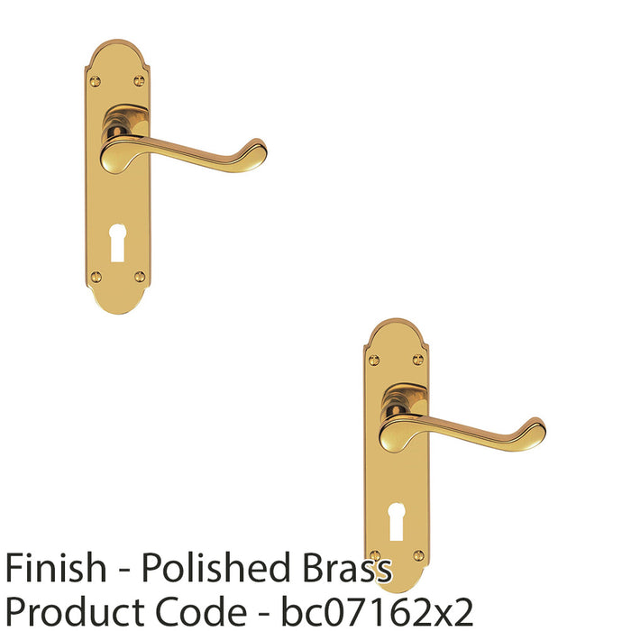 2 PACK Victorian Latch & Lock Door Handle Polished Brass Lever Shaped Backplate 1