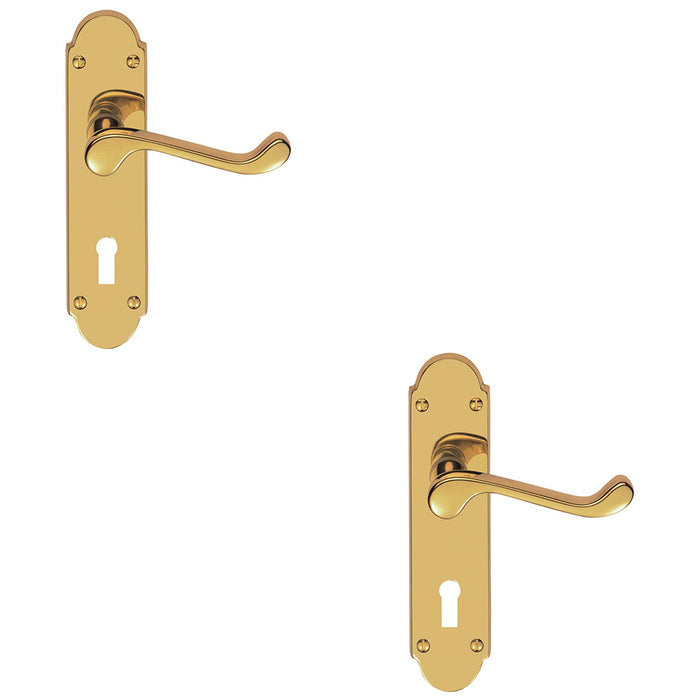 2 PACK Victorian Latch & Lock Door Handle Polished Brass Lever Shaped Backplate