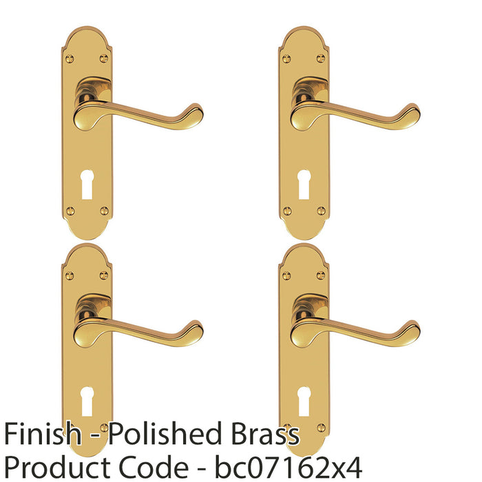 4 PACK Victorian Latch & Lock Door Handle Polished Brass Lever Shaped Backplate 1