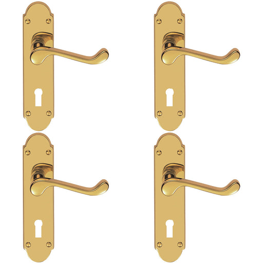 4 PACK Victorian Latch & Lock Door Handle Polished Brass Lever Shaped Backplate