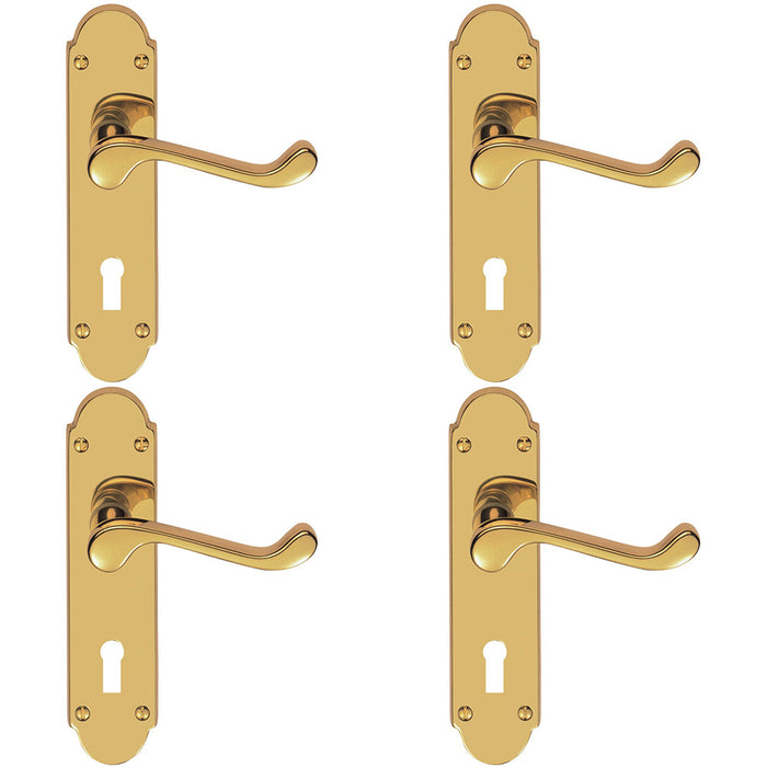 4 PACK Victorian Latch & Lock Door Handle Polished Brass Lever Shaped Backplate