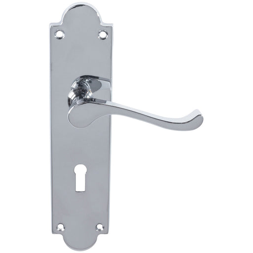 Victorian Latch & Lock Door Handle - Polished Chrome Lever On Shaped Backplate